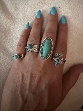 4 Ring Bundle Western Boho Turquoise Silver Tone Mixed Sizes Adjustable